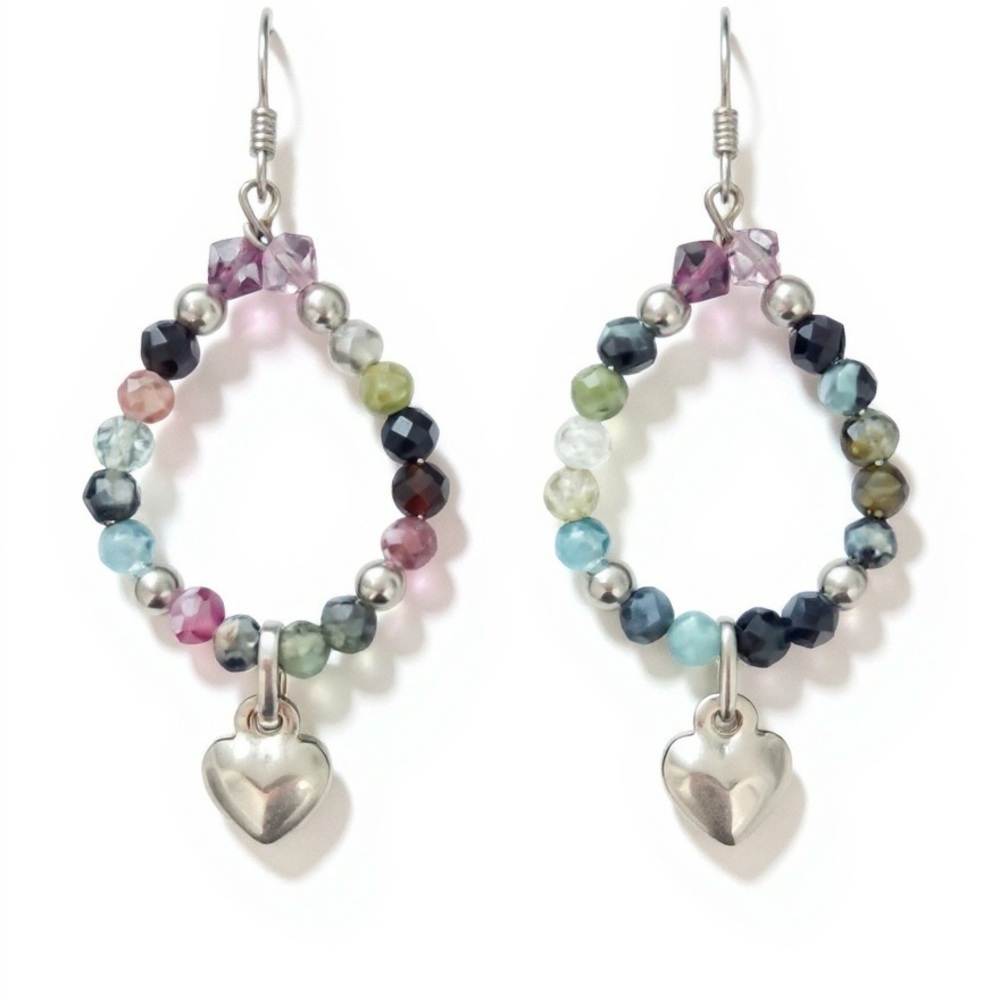 Handmade Sterling Silver Heart Earrings Natural Tourmaline & Swarovski Crystals